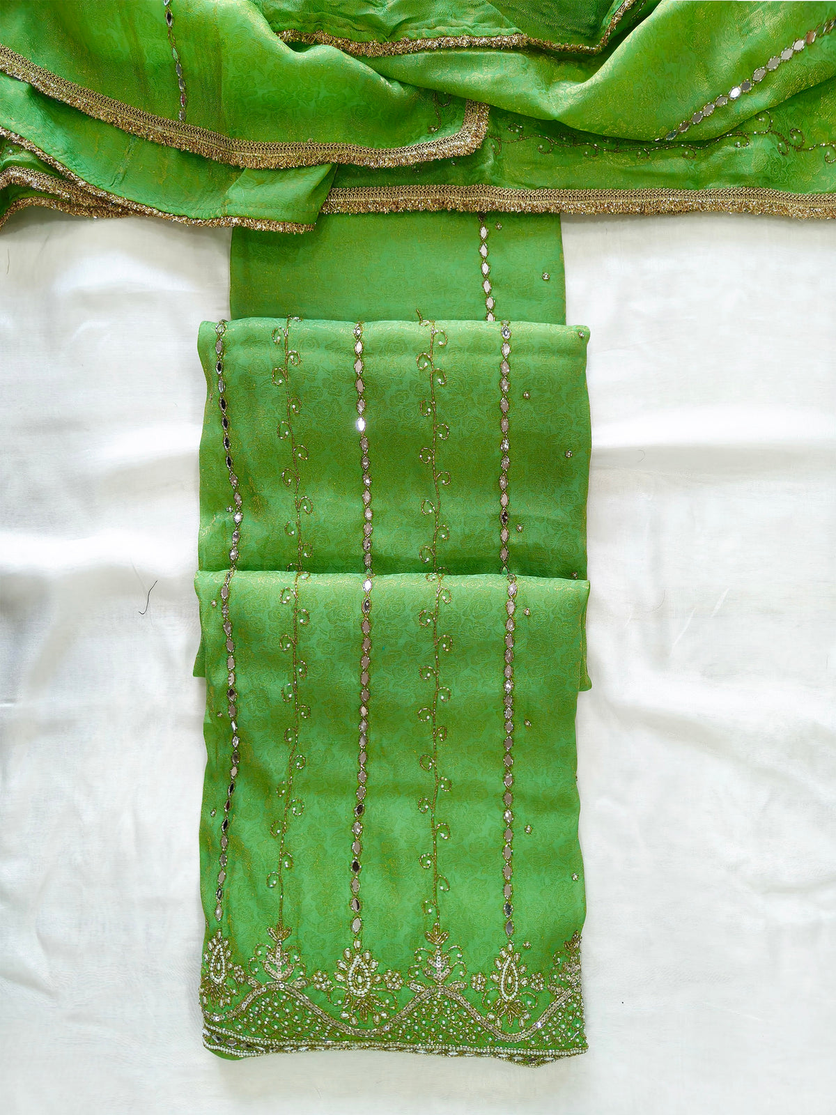 Soft brocade Handwork Unstitched Suit Set with Brocade Dupatta Green color