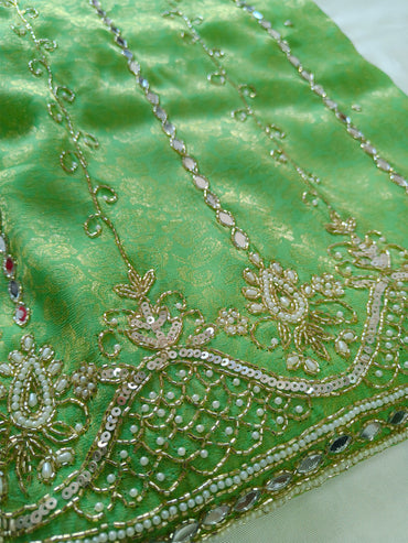 Soft brocade Handwork Unstitched Suit Set with Brocade Dupatta Green color