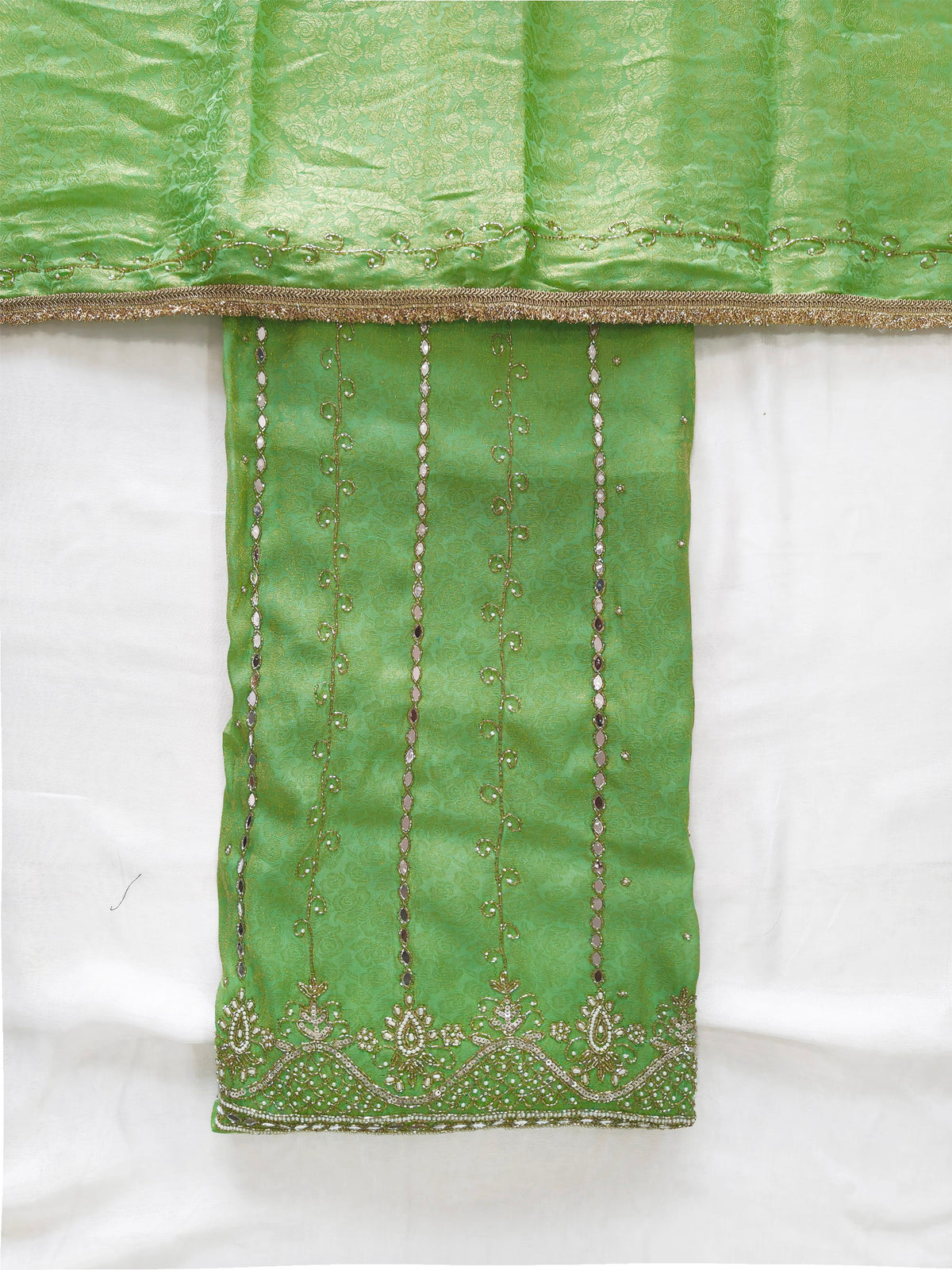 Soft brocade Handwork Unstitched Suit Set with Brocade Dupatta Green color