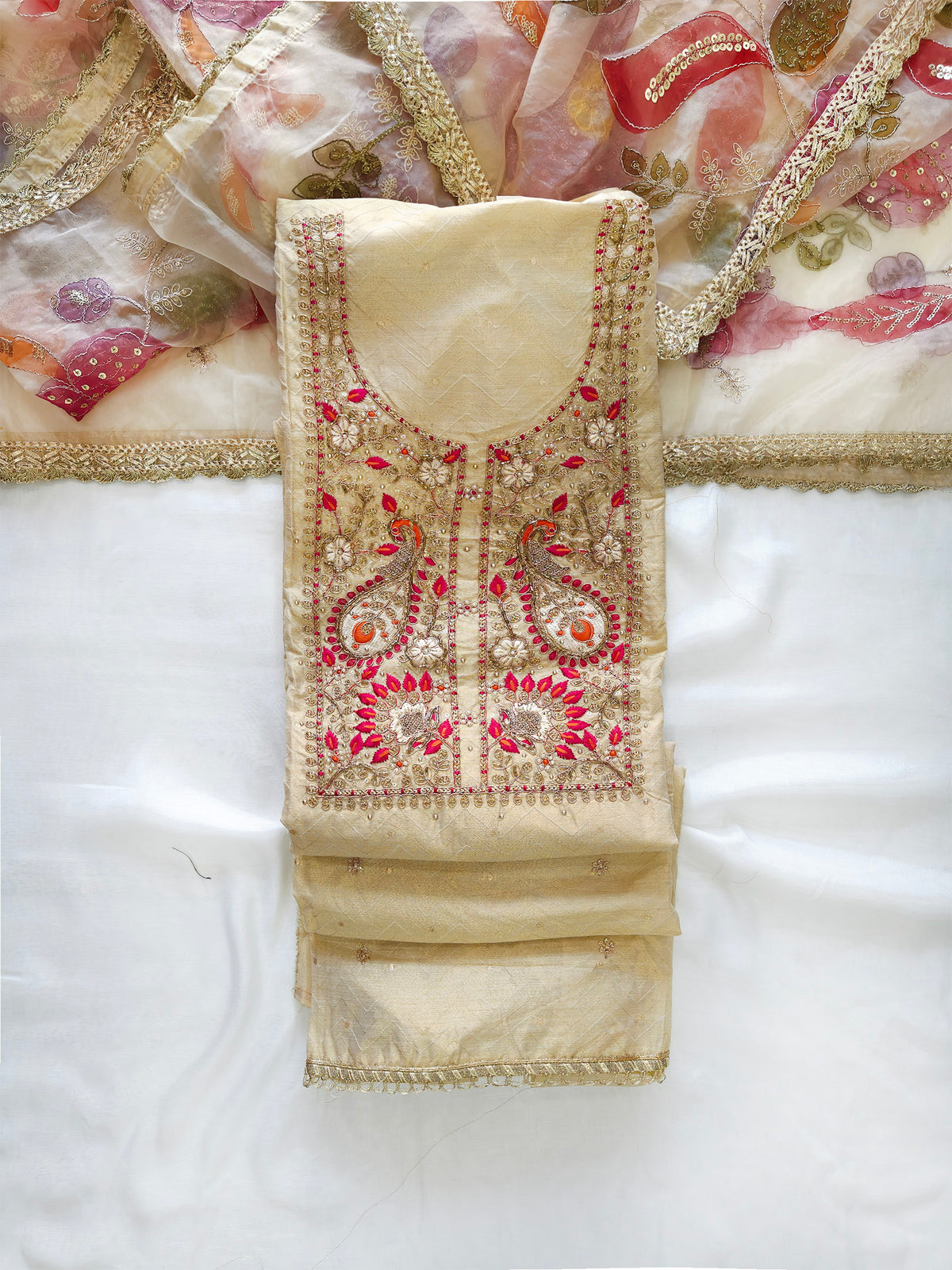 Banarasi Tissue Unstitched Suit Set with highlighted Dupatta Golden color