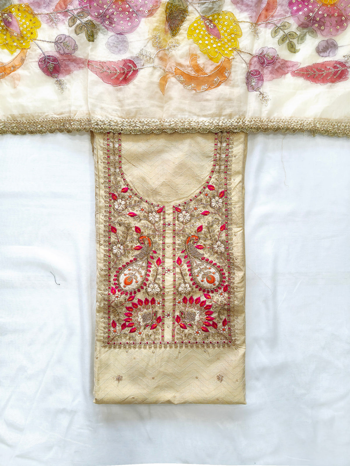 Banarasi Tissue Unstitched Suit Set with highlighted Dupatta Golden color