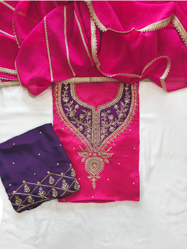 Contrast Crepe handwork Unstitched Suit Set with organza Dupatta