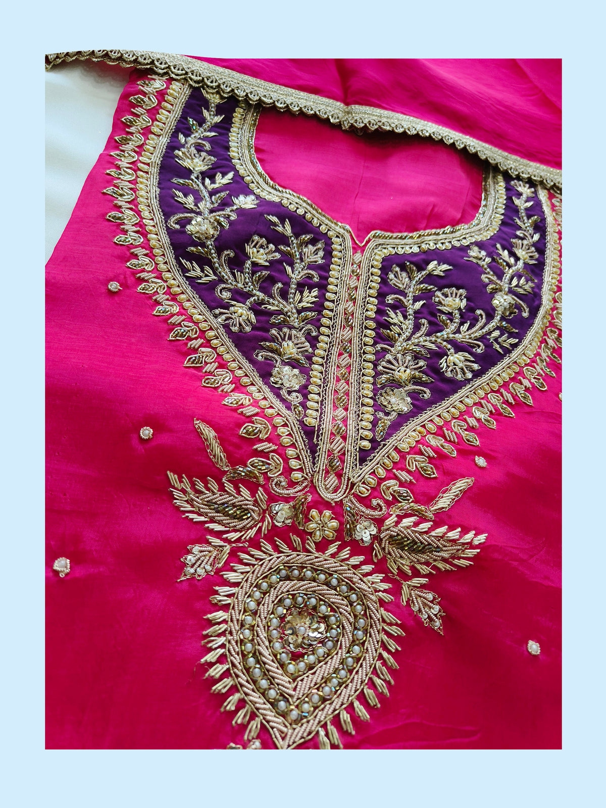 Contrast Crepe handwork Unstitched Suit Set with organza Dupatta