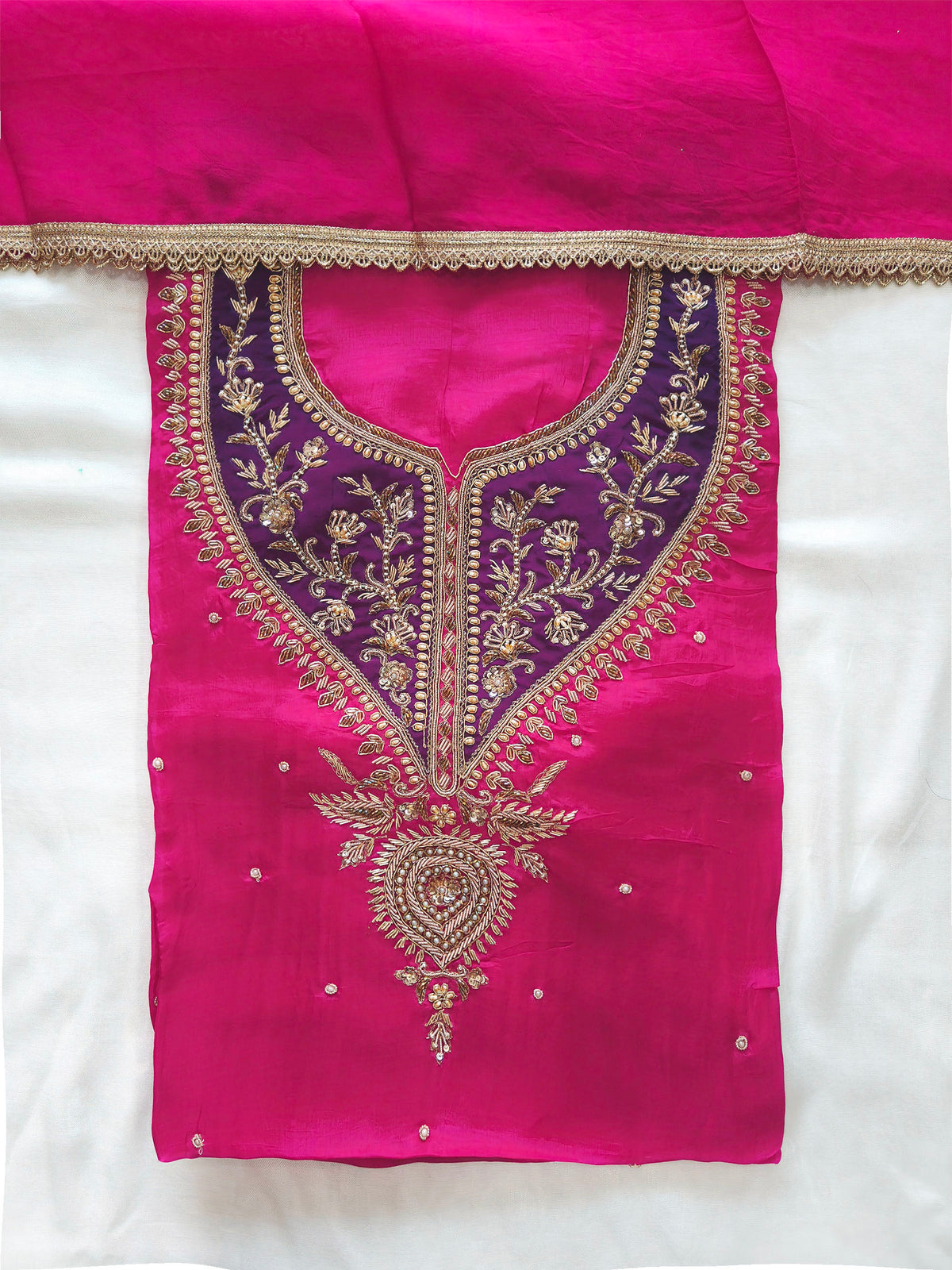 Contrast Crepe handwork Unstitched Suit Set with organza Dupatta