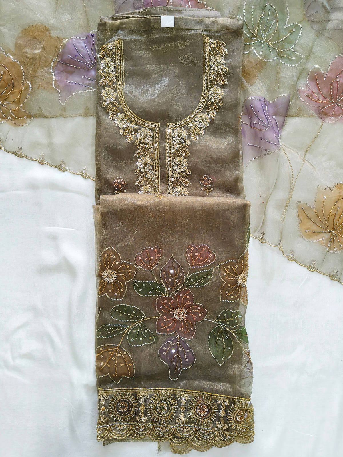 Shimmer organza handwork Unstitched Suit Set with organza Dupatta