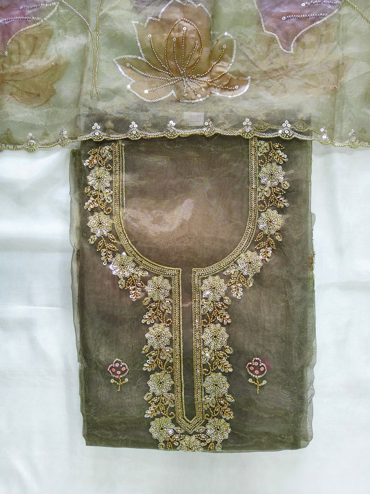 Shimmer organza handwork Unstitched Suit Set with organza Dupatta
