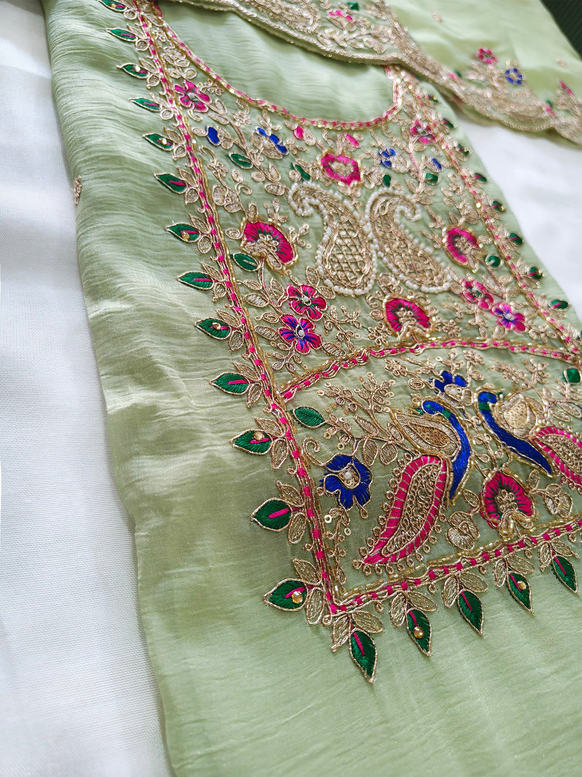 Crush Tissue Embroidered Unstitched Suit Set with Dupatta 4 colors