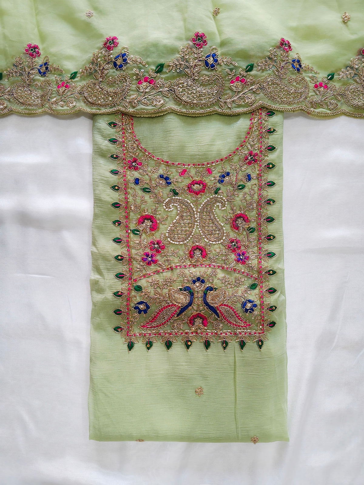 Crush Tissue Embroidered Unstitched Suit Set with Dupatta 4 colors