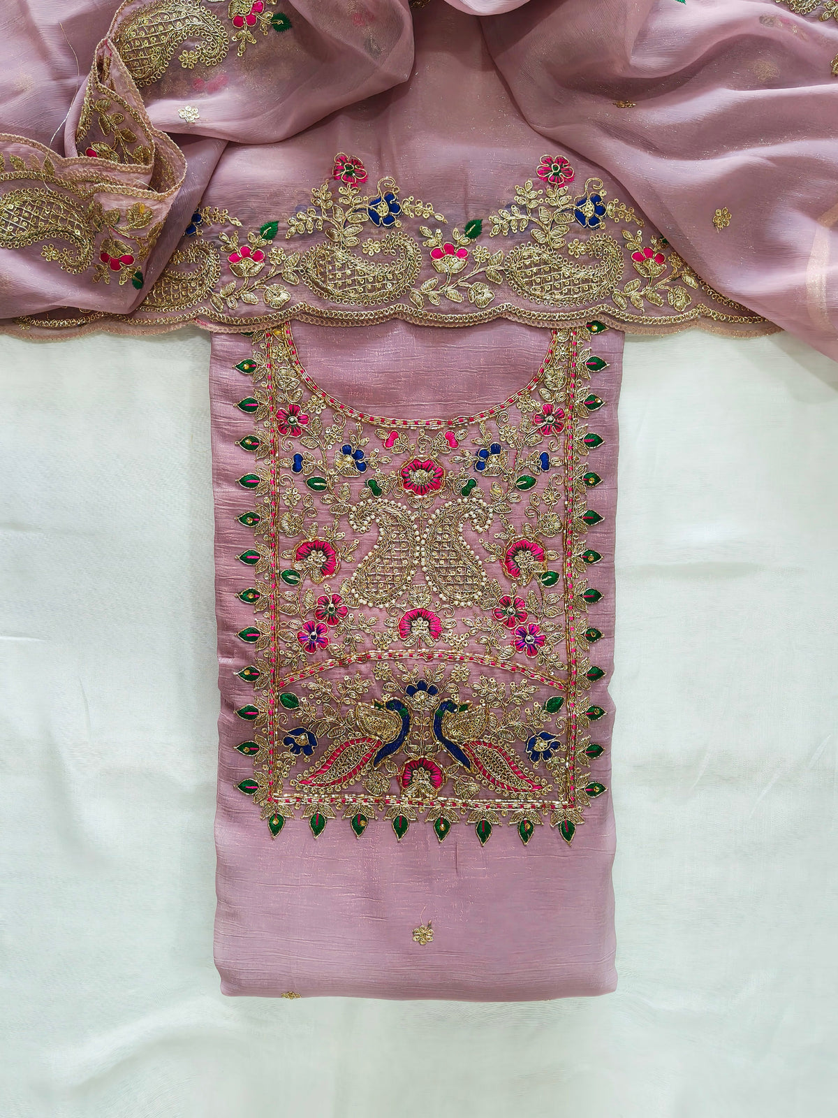Crush Tissue Embroidered Unstitched Suit Set with Dupatta 4 colors