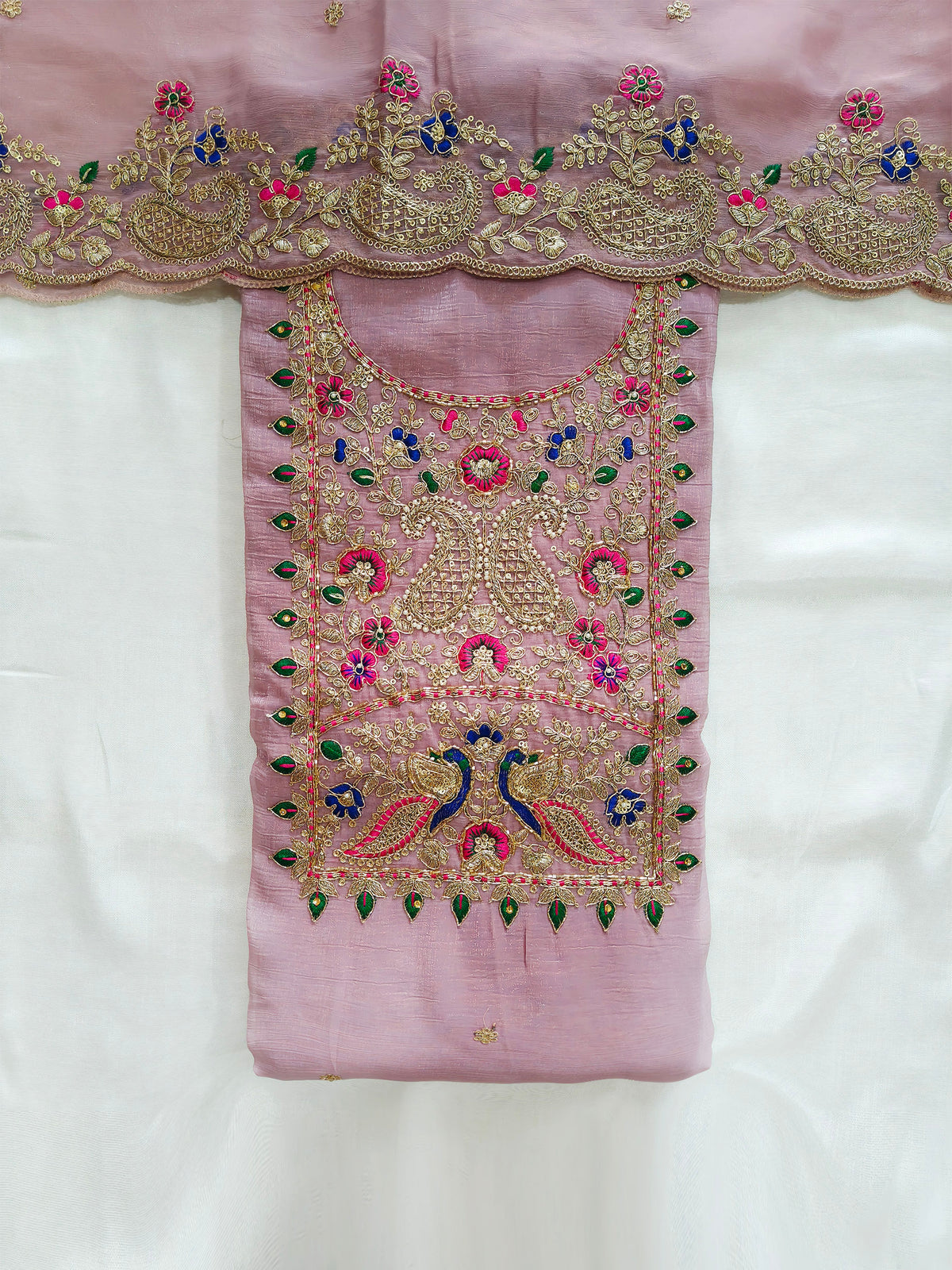 Crush Tissue Embroidered Unstitched Suit Set with Dupatta 4 colors