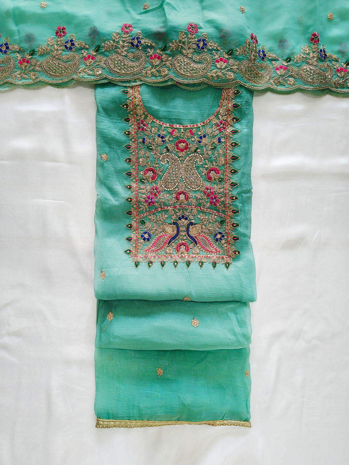 Crush Tissue Embroidered Unstitched Suit Set with Dupatta 4 colors