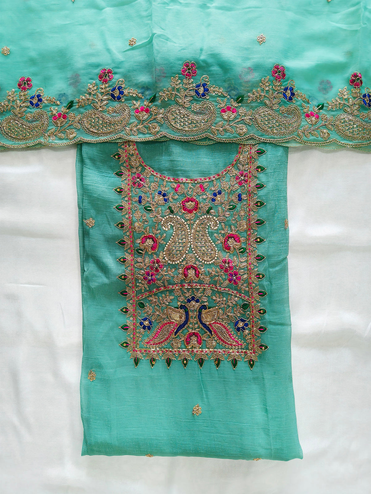 Crush Tissue Embroidered Unstitched Suit Set with Dupatta 4 colors