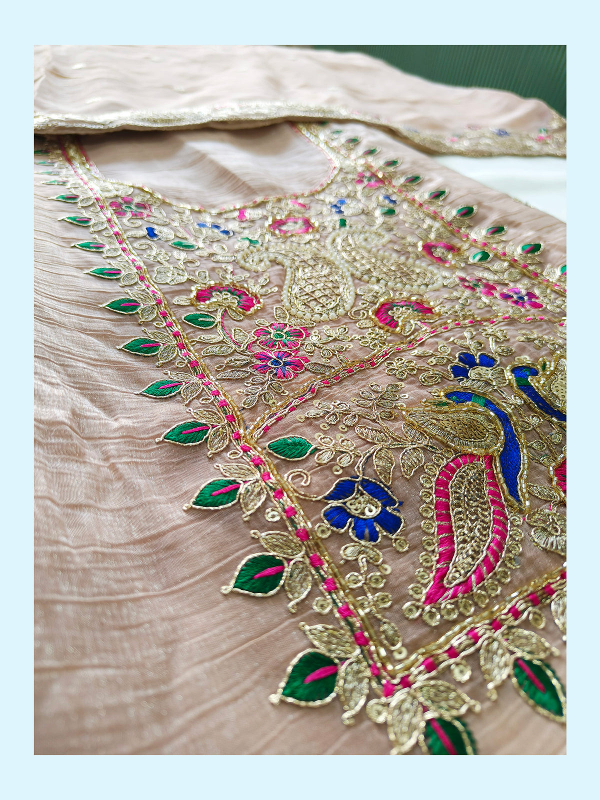 Crush Tissue Embroidered Unstitched Suit Set with Dupatta 4 colors