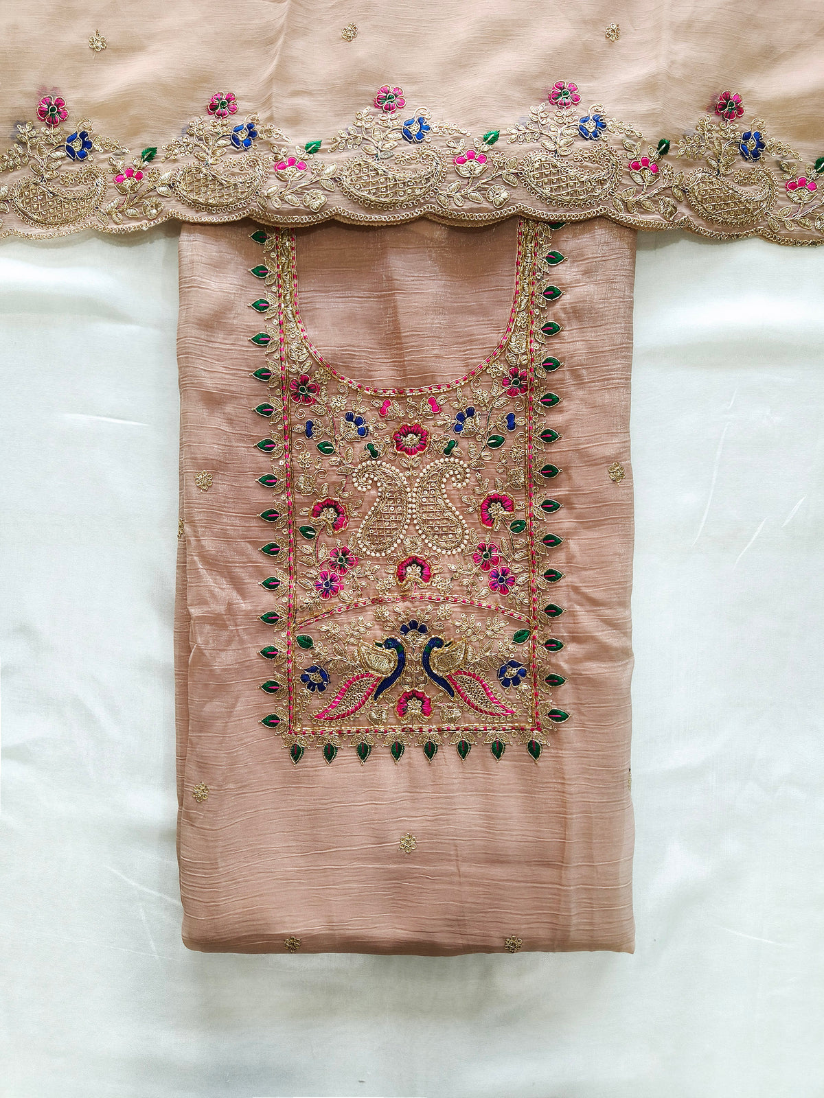 Crush Tissue Embroidered Unstitched Suit Set with Dupatta 4 colors