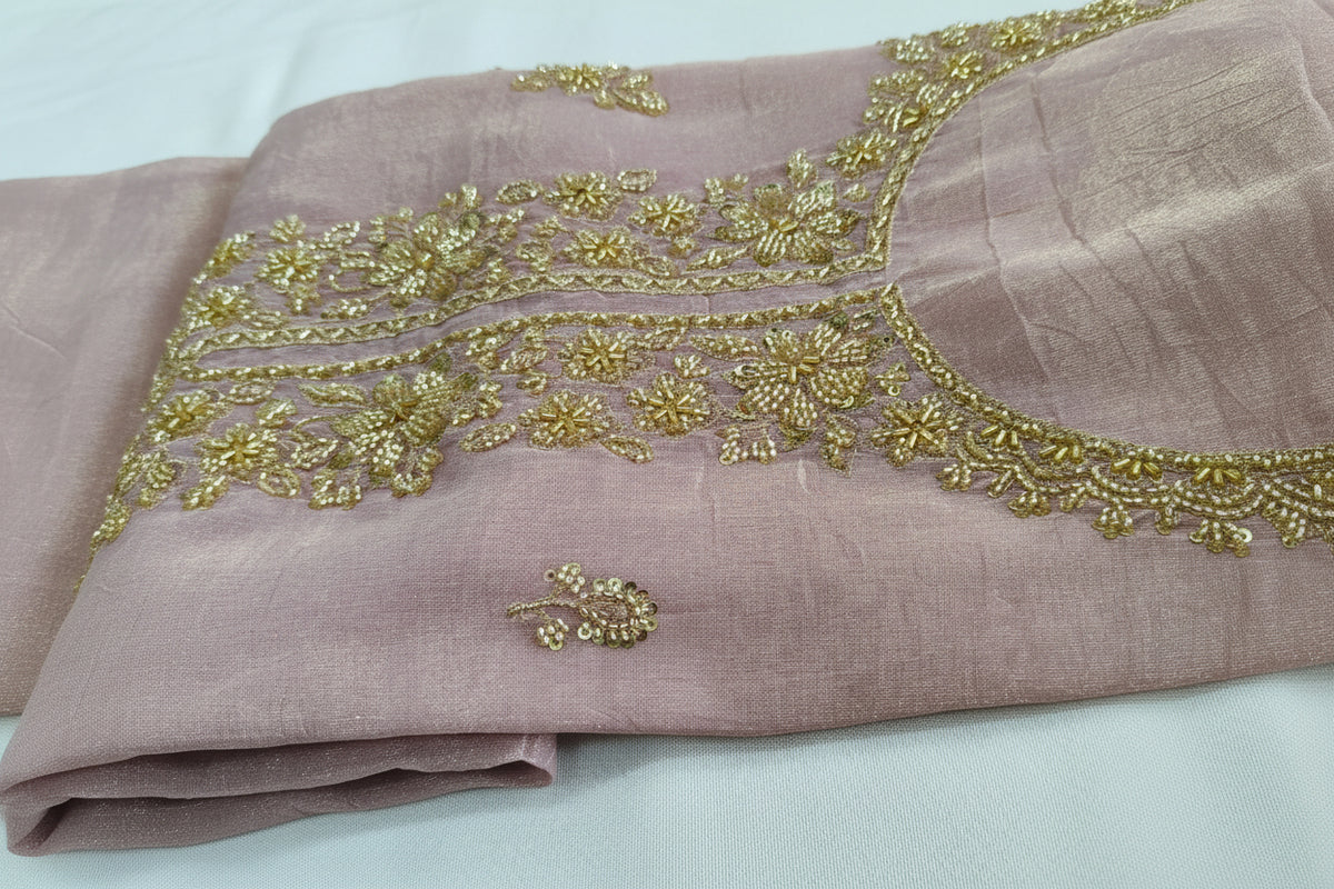 Dusty Shimmer Organza Handwork Unstitched Suit Set with Chiffon Dupatta