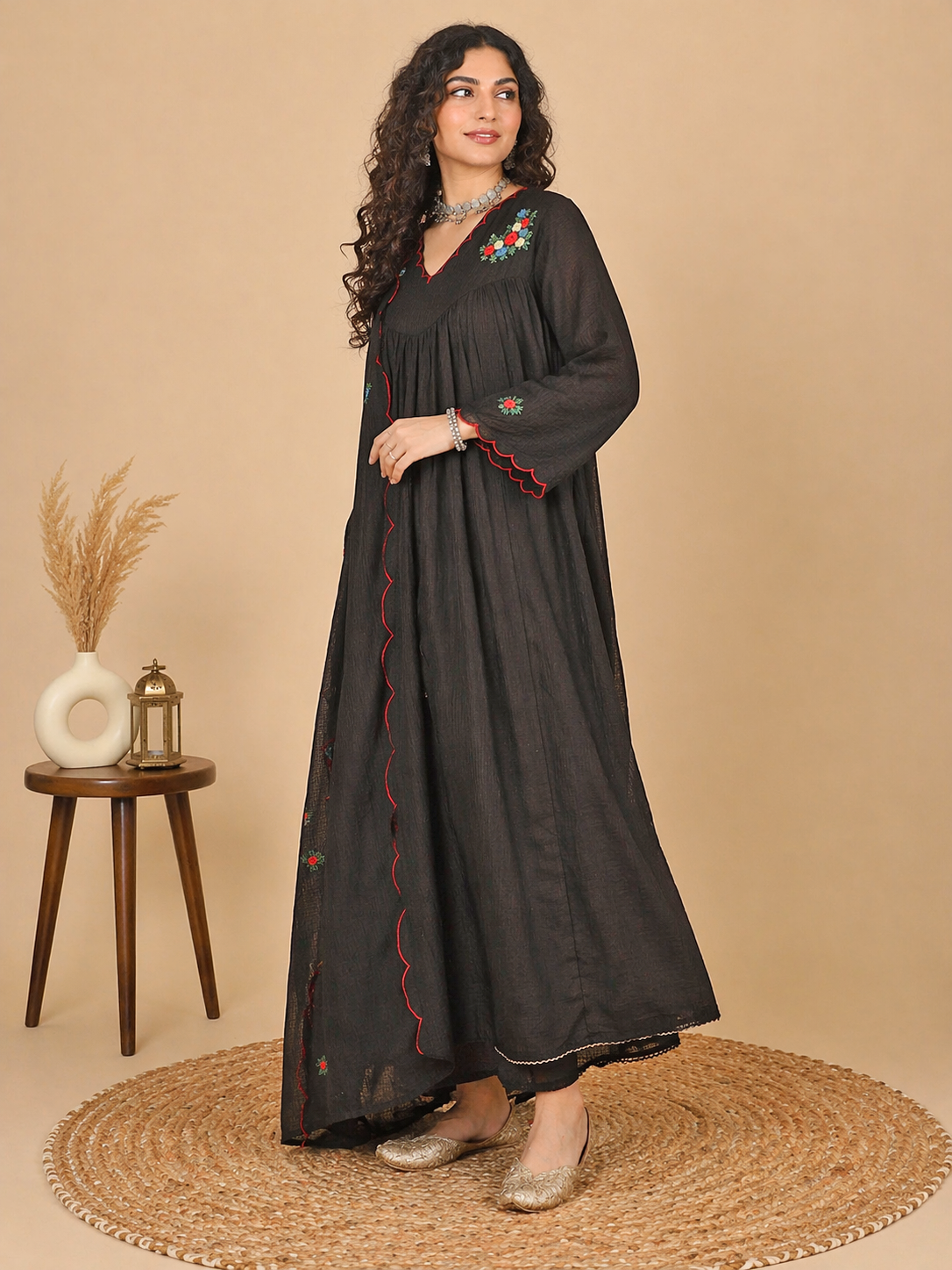 Embroidered Black Georgette Anarkali Set - Traditional Black