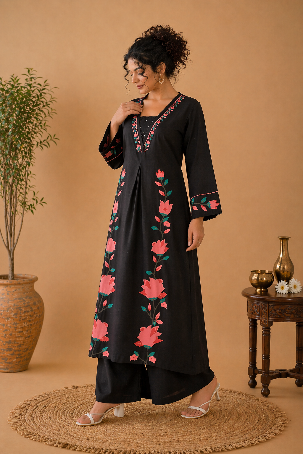 Premium Floral Hand painted art Cotton Palazzo Suit