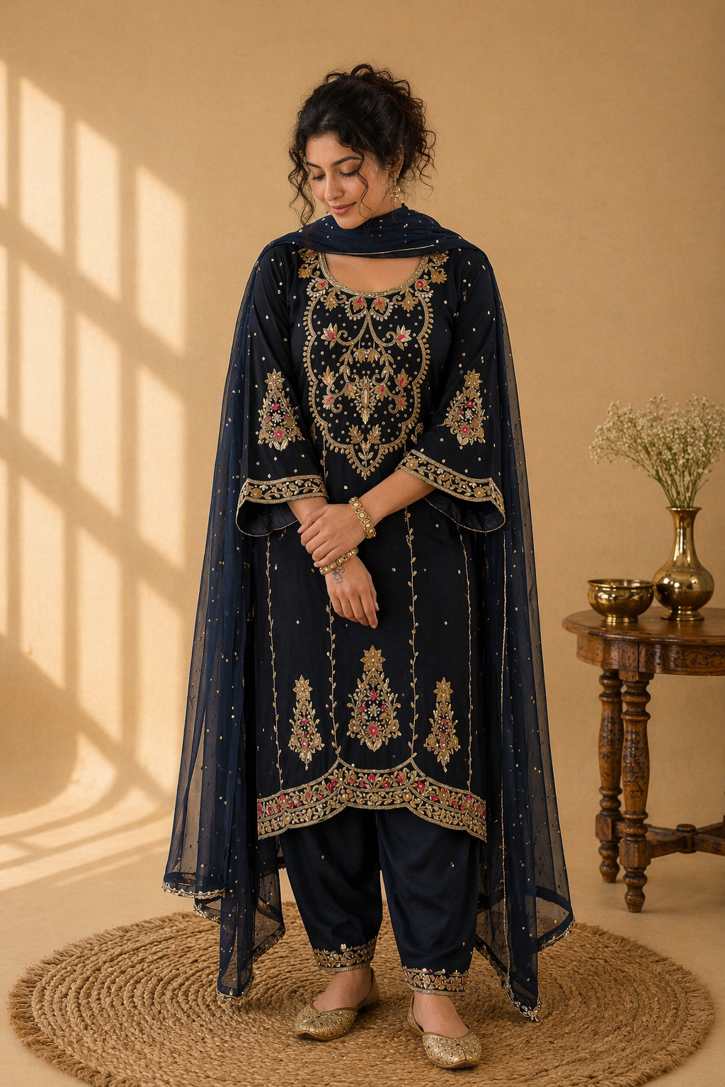 Royal Festive Intricate Embroidered Punjabi Salwar Set - Navy Blue