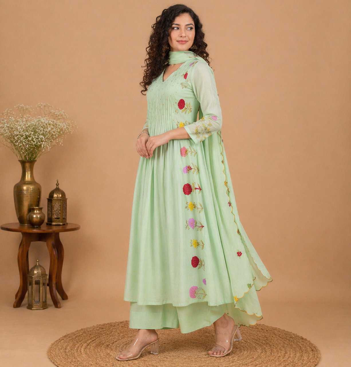 Anarkali Suit with Colorful Floral Hand Embroidery - Pastel Green