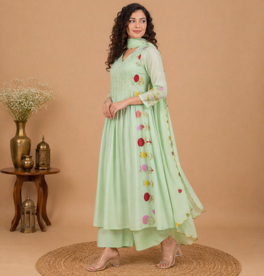 Anarkali Suit with Colorful Floral Hand Embroidery - Pastel Green