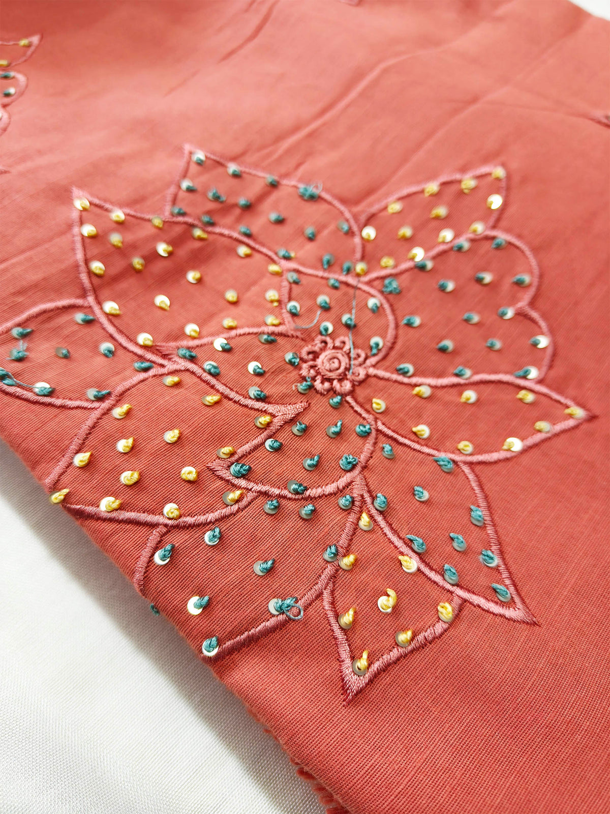 Linen Cotton Embroidered Unstitched Suit Set Coral Peach