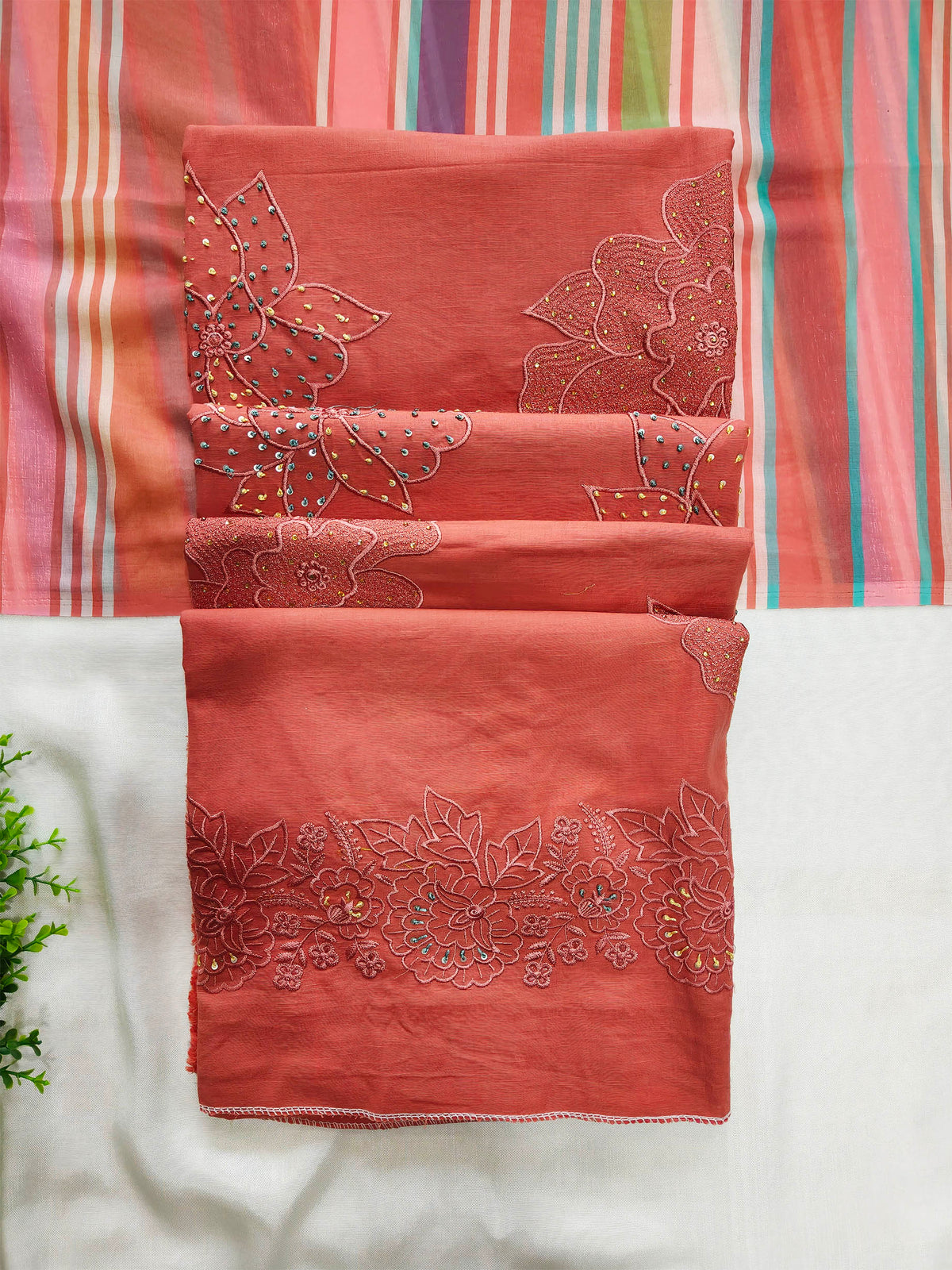 Linen Cotton Embroidered Unstitched Suit Set Coral Peach
