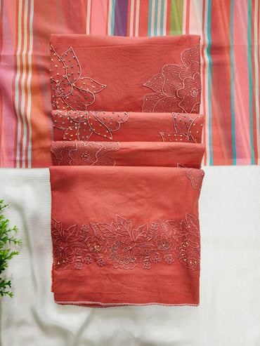 Linen Cotton Embroidered Unstitched Suit Set Coral Peach
