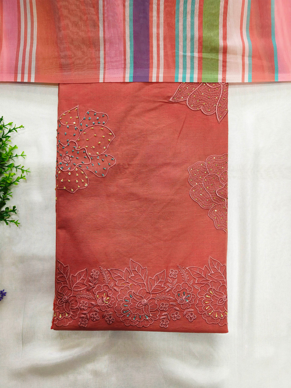 Linen Cotton Embroidered Unstitched Suit Set Coral Peach
