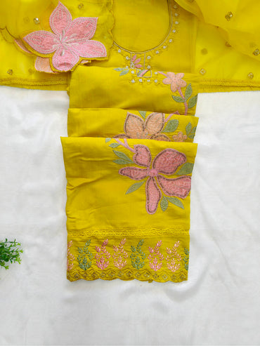 Muslin Floral Embroidered Unstitched Suit Set Yellow