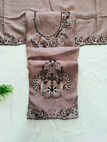 Muslin Machine Embroidered Unstitched Suit Set Mauve
