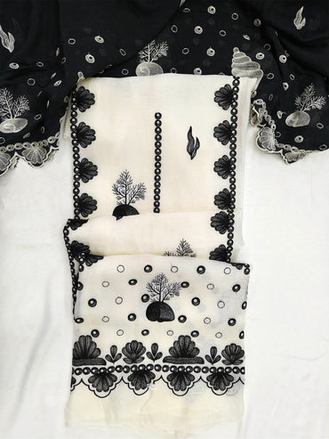 Burberry Fabric Machine Embroidered Unstitched Suit Set Off-White