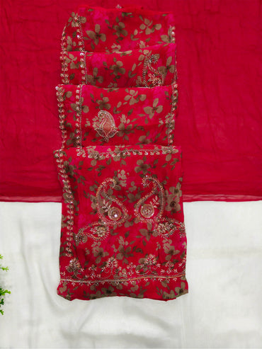Crepe Handwork Embroidered Unstitched Suit Set Crimson Red
