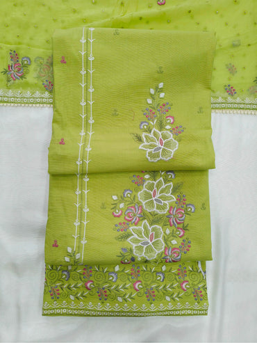 Cotton Floral Embroidered Unstitched Suit Set Lime Green