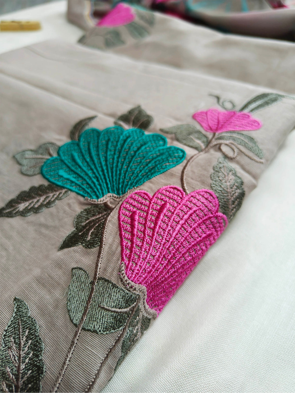 Linen Cotton Floral Embroidered Suit Set Dusty Taupe