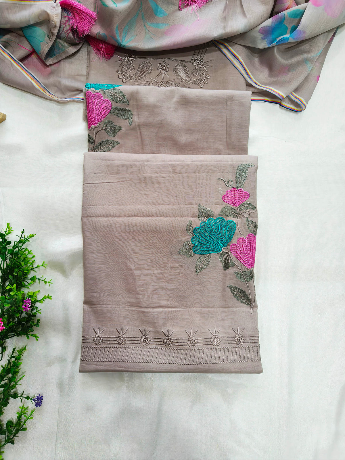 Linen Cotton Floral Embroidered Suit Set Dusty Taupe