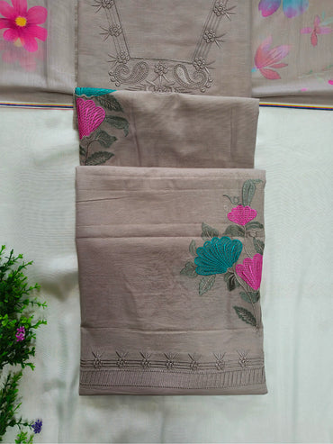 Linen Cotton Floral Embroidered Suit Set Dusty Taupe