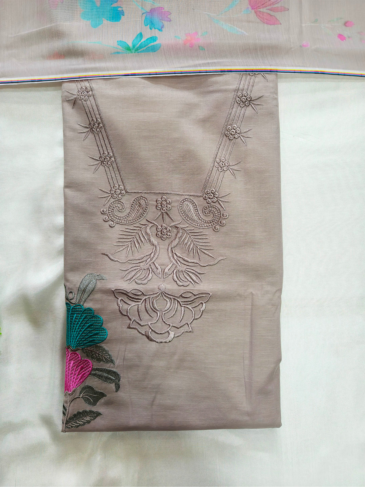Linen Cotton Floral Embroidered Suit Set Dusty Taupe