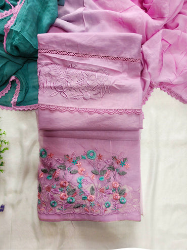 Linen Cotton Embroidered Unstitched Suit Set Lavender