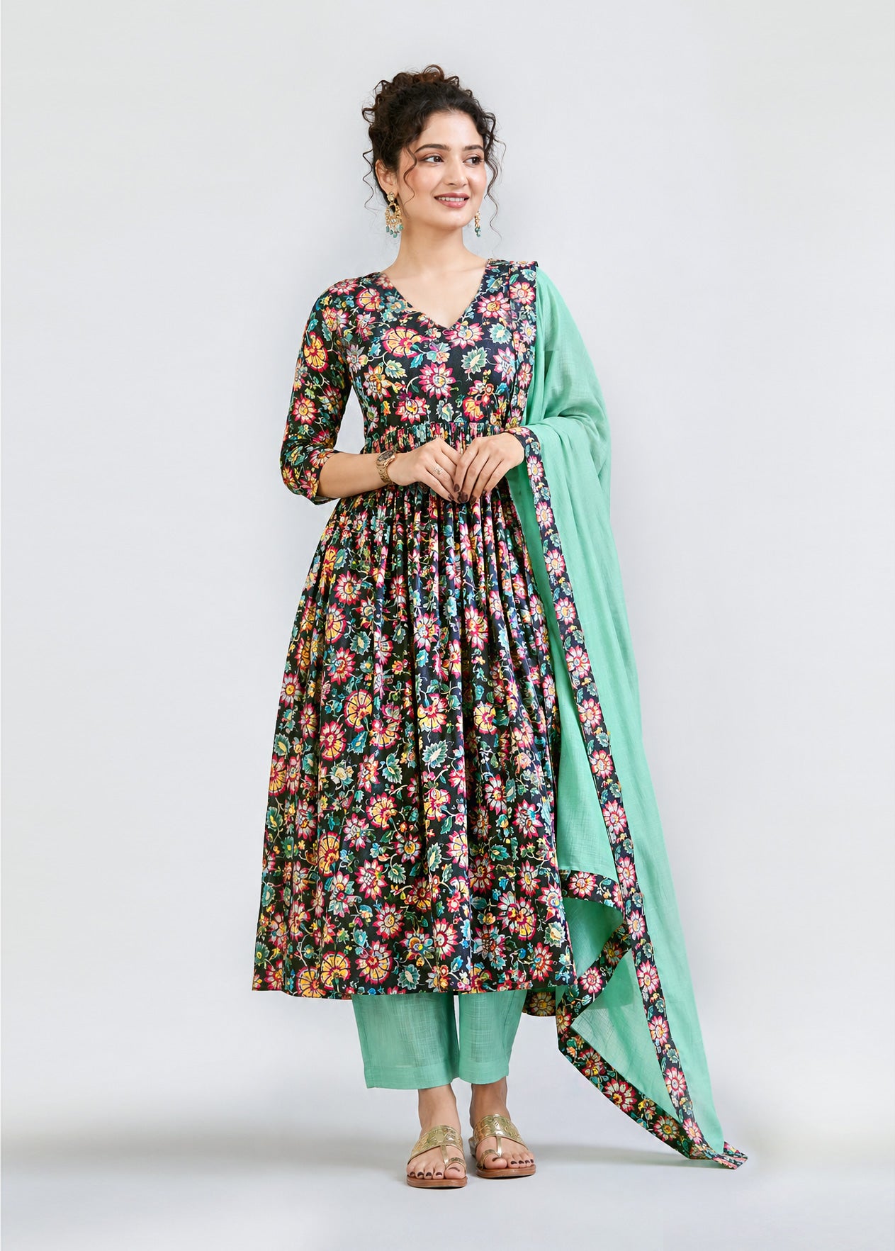 Floral Printed Anarkali Suit Set – Multicolor & Mint Green
