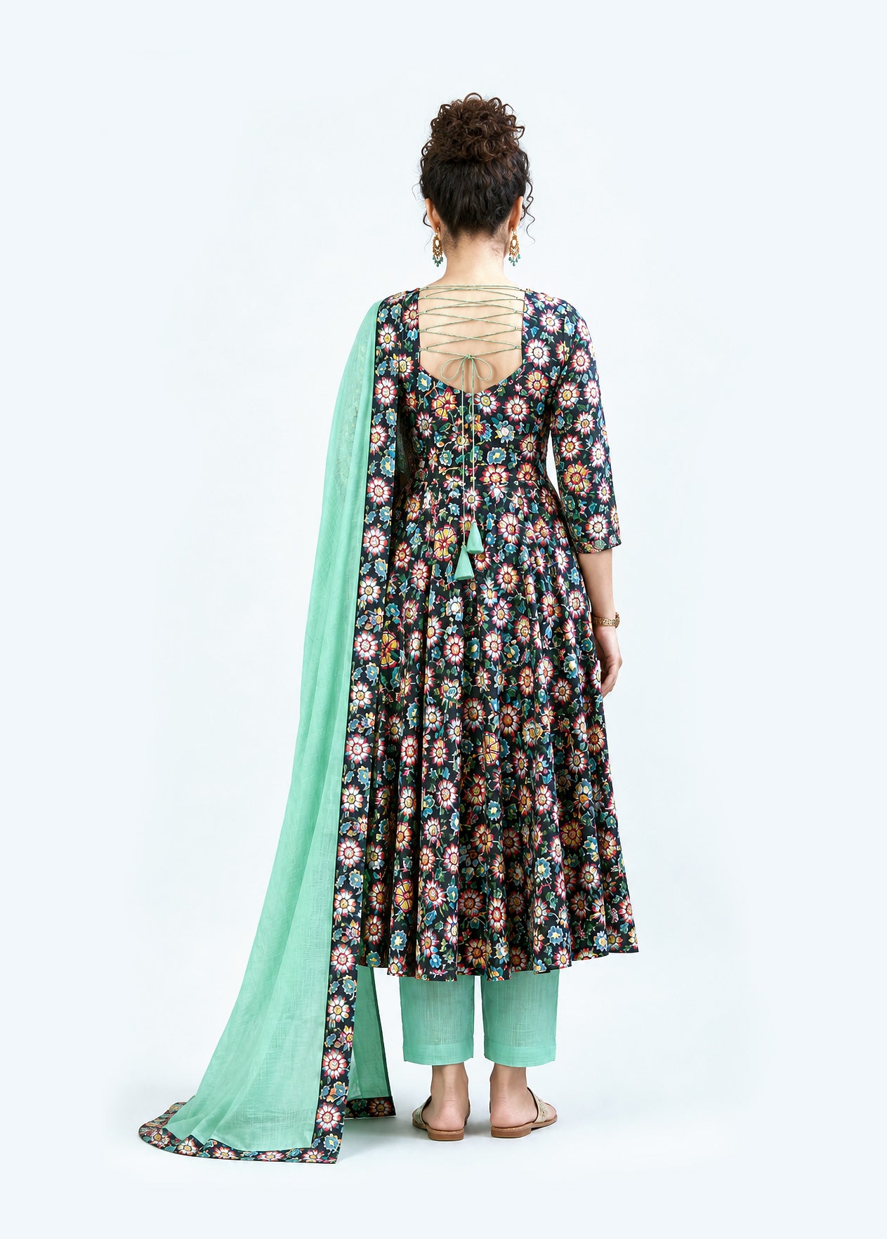 Floral Printed Anarkali Suit Set – Multicolor & Mint Green