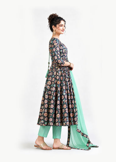 Floral Printed Anarkali Suit Set – Multicolor & Mint Green