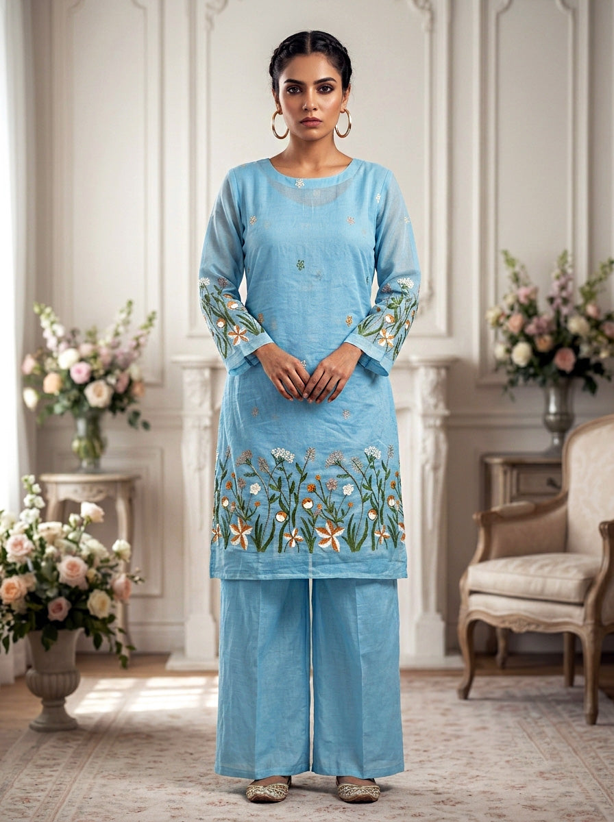 Elegant Embroidered Kurti Palazzo Set – Powder Blue & Off-White
