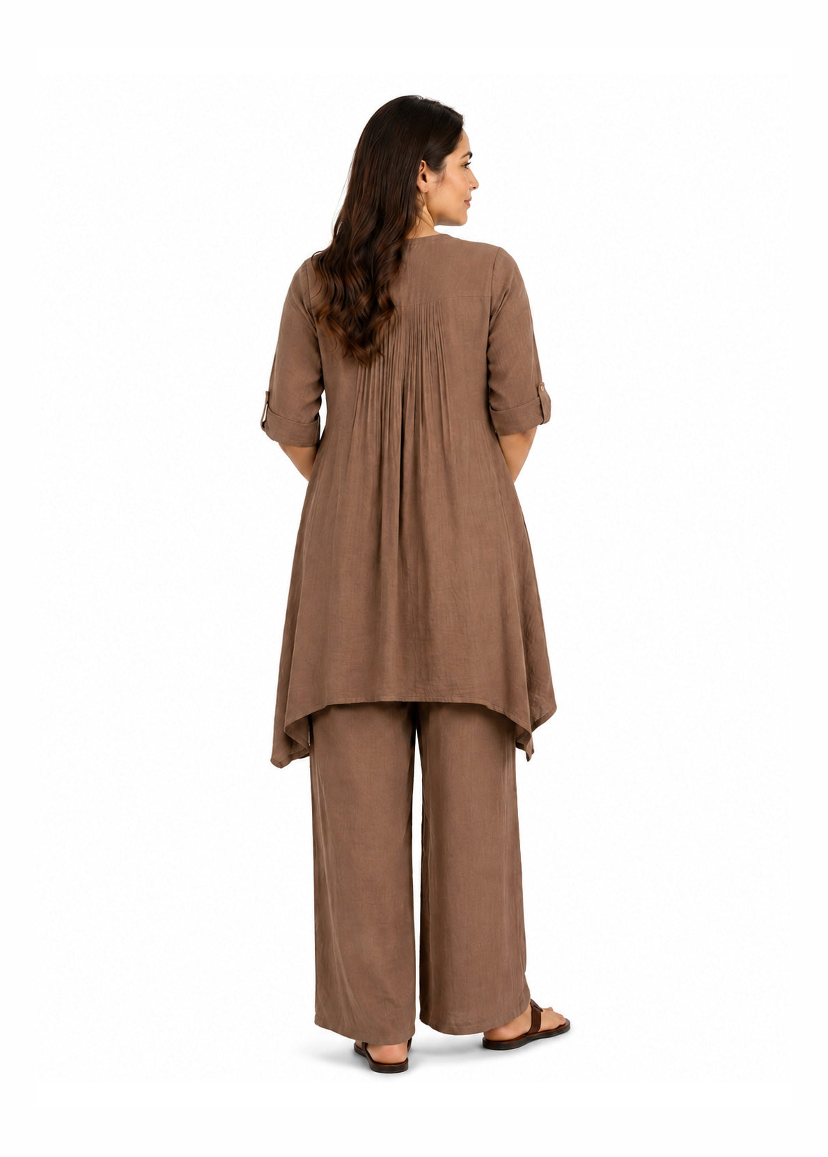 Casual Linen-Blend Pintuck Fusion Kurta Pant Set - Indigo Blue