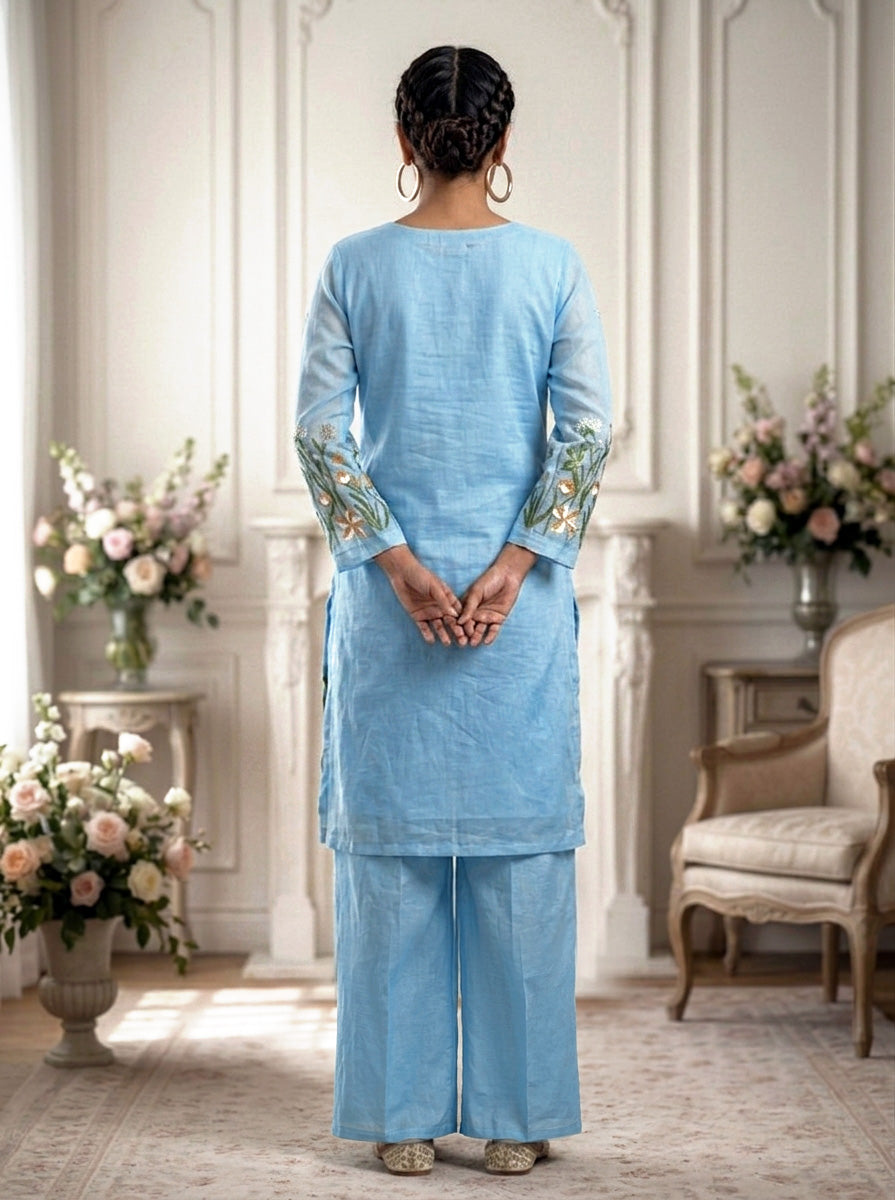 Elegant Embroidered Kurti Palazzo Set – Powder Blue & Off-White