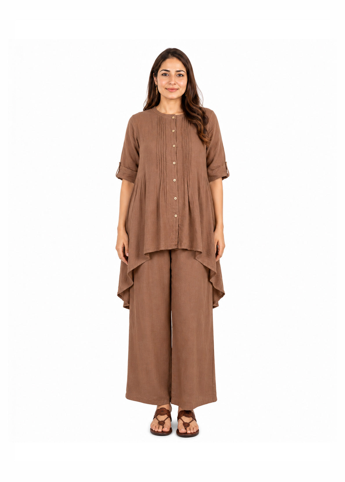 Casual Linen-Blend Pintuck Fusion Kurta Pant Set - Indigo Blue