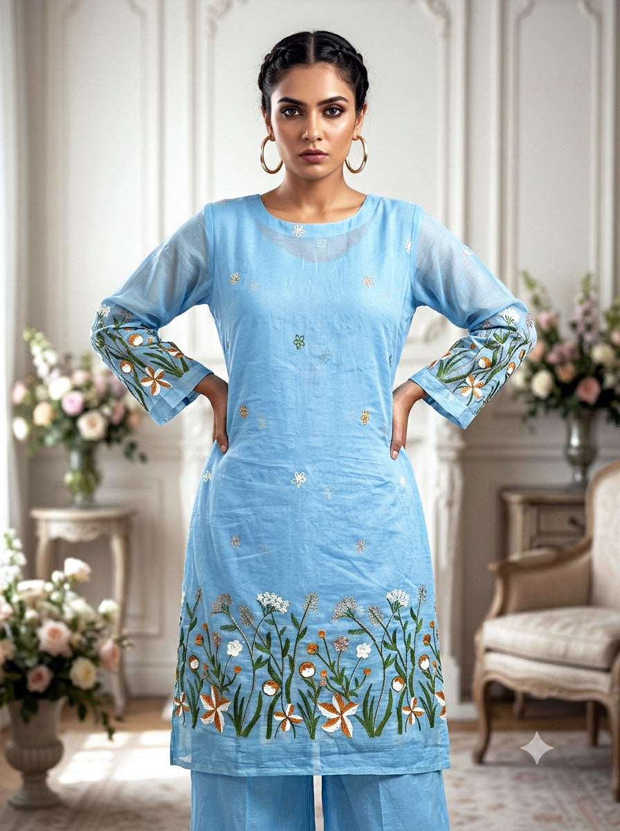 Elegant Embroidered Kurti Palazzo Set – Powder Blue & Off-White