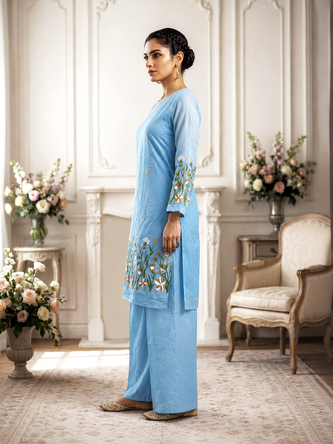 Elegant Embroidered Kurti Palazzo Set – Powder Blue & Off-White