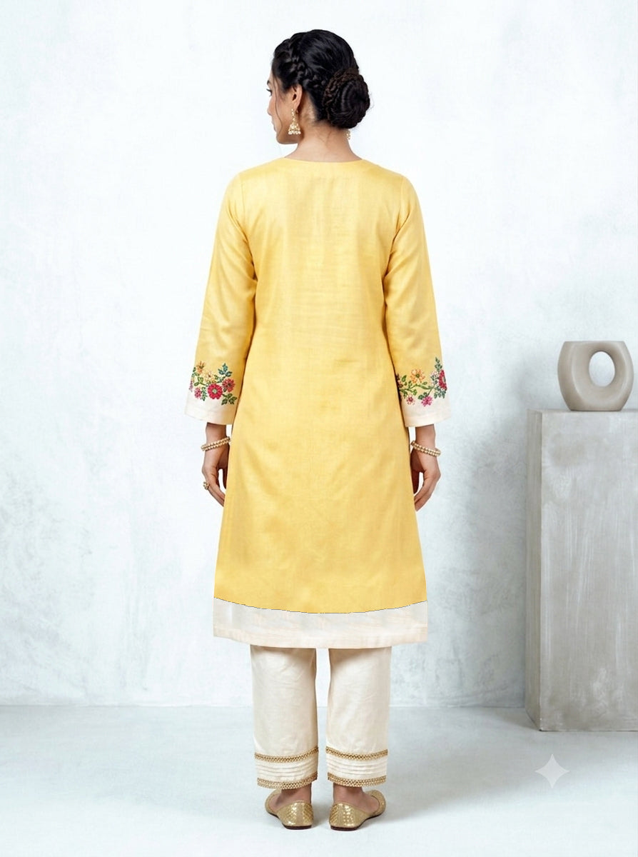 Floral Hand-painted Silk Straight Suit Set – Sunshine Yellow