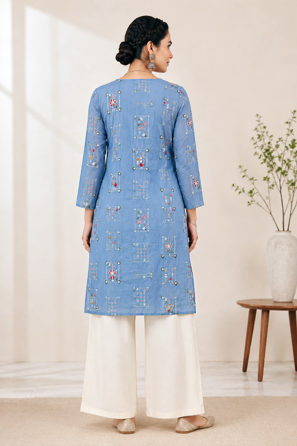 Casual Floral Tunic with Flared Palazzos – Light Blue