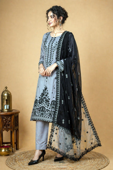 Floral Embroidered Palazzo Suit Set – Grey